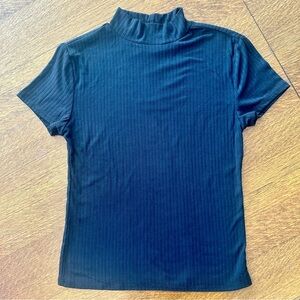 One step up black ribbed short sleeve high neck stretchy tee shirt